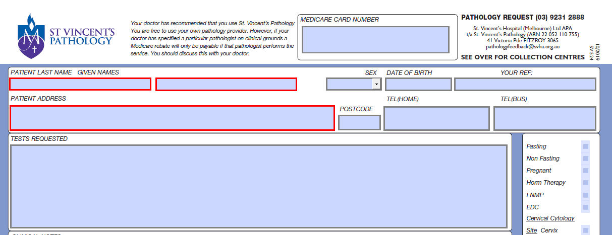 Interactive Pathology Request Form